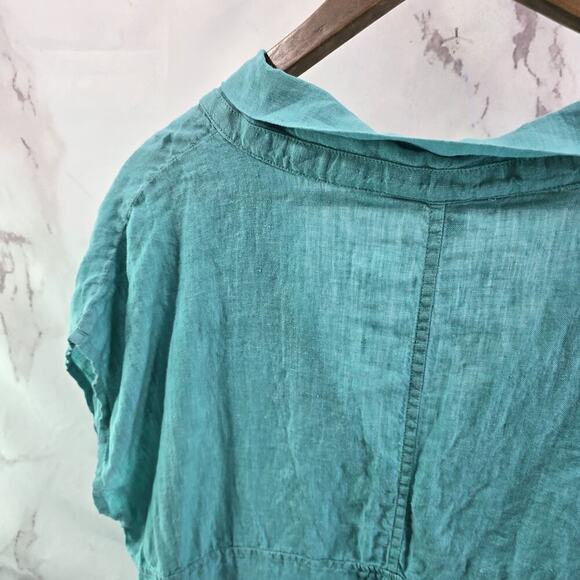 Lands End Shirt Womens Large P Blue Linen Short Sleeve Boxy Pockets Cuffed V - Picture 6 of 10